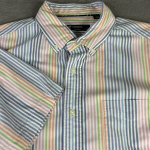 Cremieux Shirt Mens Large Blue Pink  Pastel Stripe Short Sleeve‎ Casual Button
